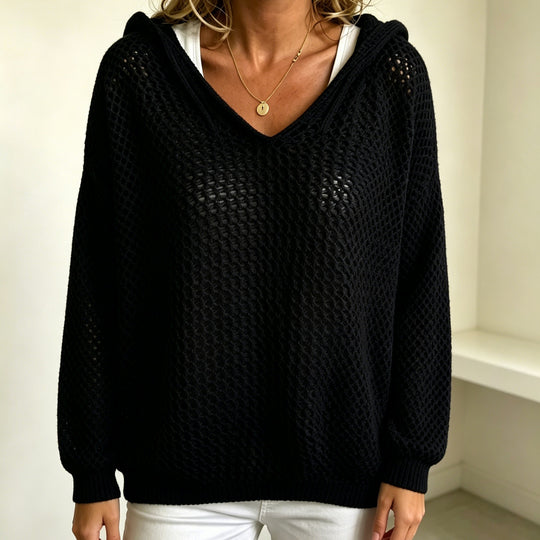 Damen Grobgestrickter V-Ausschnitt-Pullover mit Kapuze und Lochmuster EB