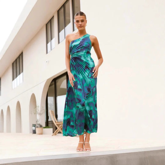 Damen Maxikleid mit asymmetrischem Schnitt und fließendem Faltenrock EB