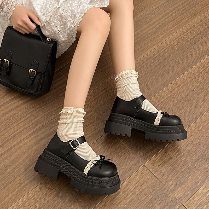 Damen Chunky Mary-Jane Plateauschuhe mit Riemen, Zierschleife und Spitzenbesatz EB