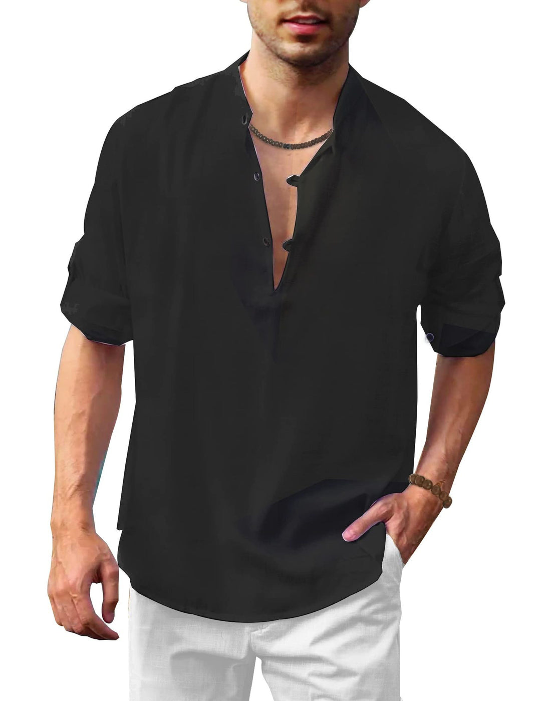 Herren lässiges Leinenhemd mit kurzes Arm und Knopfdetail EB