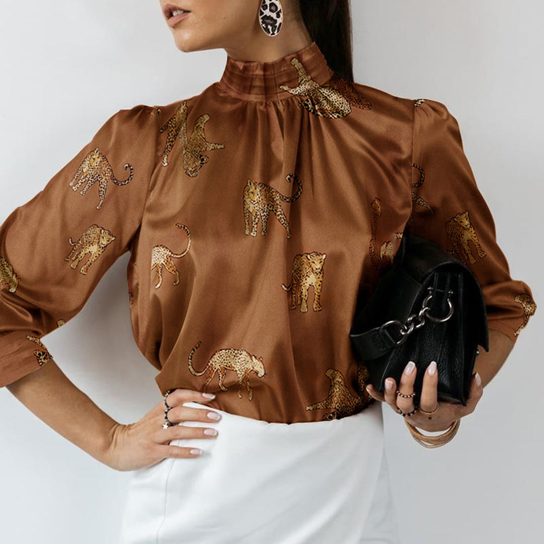Damen Hochgeschlossenes Satinblusenshirt mit Stehkragen und Animal‑Print EB
