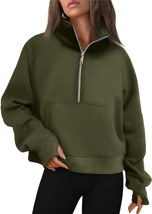 Damen nan cropped Halbzip-Sweatshirt mit hohem Stehkragen, Kängurutasche und überschnittener Schulter EB