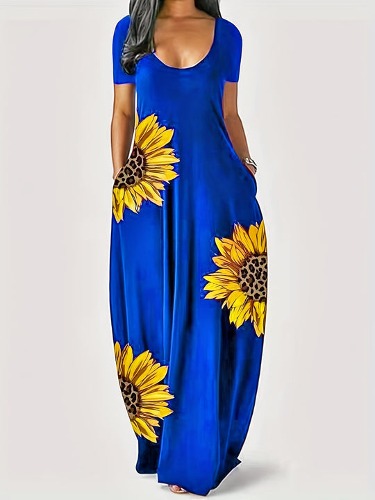 Damen Maxikleid mit floralen Akzenten und praktischen Taschen EB