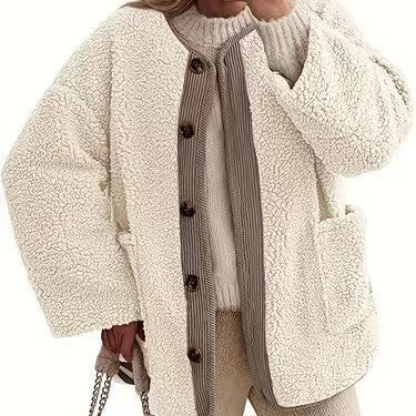 Damen Kuschelige Teddyjacke mit Knopfverschluss und weiter Schnitt EB