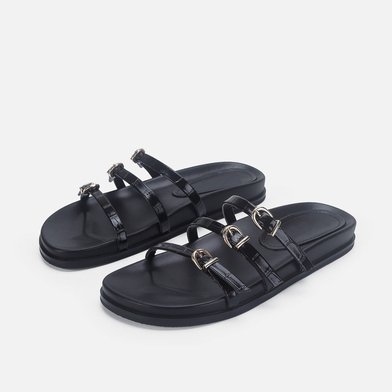 Damen Designer Zehentrenner-Sandalen mit dekorativem Riemendesign und komfortablem Fußbett EB