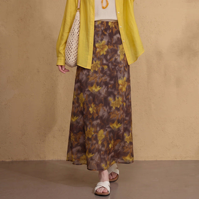 Damen  fließender Maxirock mit A-Linie und feinem Vintage-Print EB