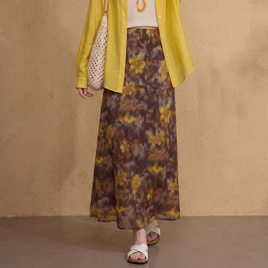 Damen  fließender Maxirock mit A-Linie und feinem Vintage-Print EB