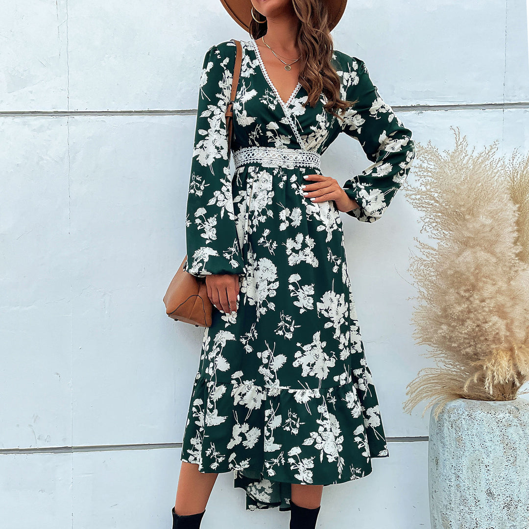 Damen elegantes Maxikleid mit floralem Design und schwingendem Saum EB