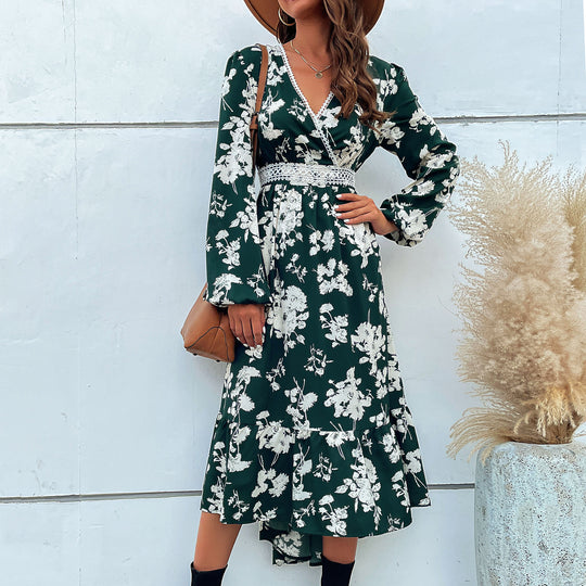 Damen elegantes Maxikleid mit floralem Design und schwingendem Saum EB