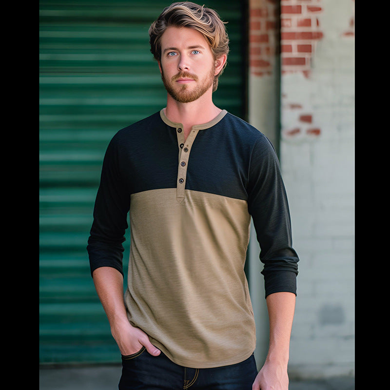 Herren Langarm-Henley-Shirt mit kontrastierenden Ärmeln und stilvollem Knopfdesign EB