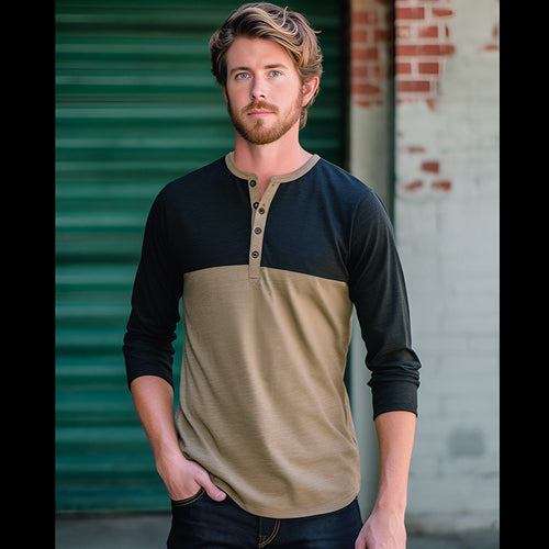 Herren Langarm-Henley-Shirt mit kontrastierenden Ärmeln und stilvollem Knopfdesign EB