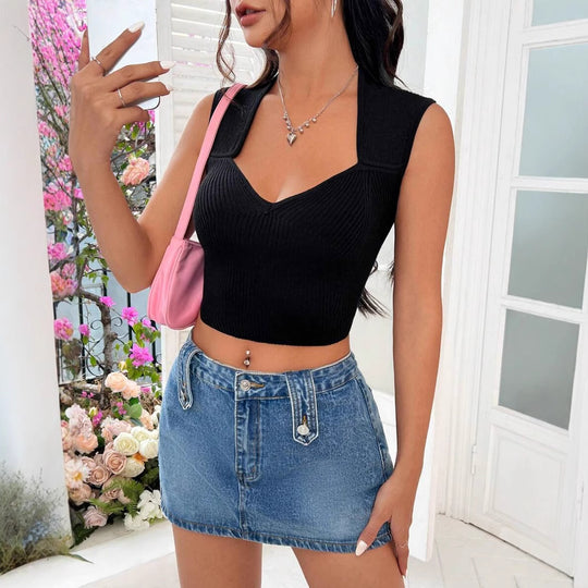 Damen figurbetontes Ripp-Crop-Top mit V-Ausschnitt und breiten Trägern EB