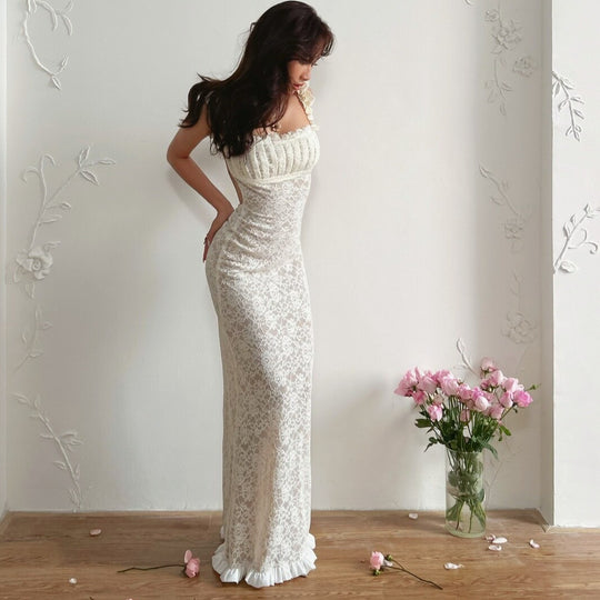 Damen Spitzen-Maxikleid mit Rüschendetails und elegantem Schnitt EB