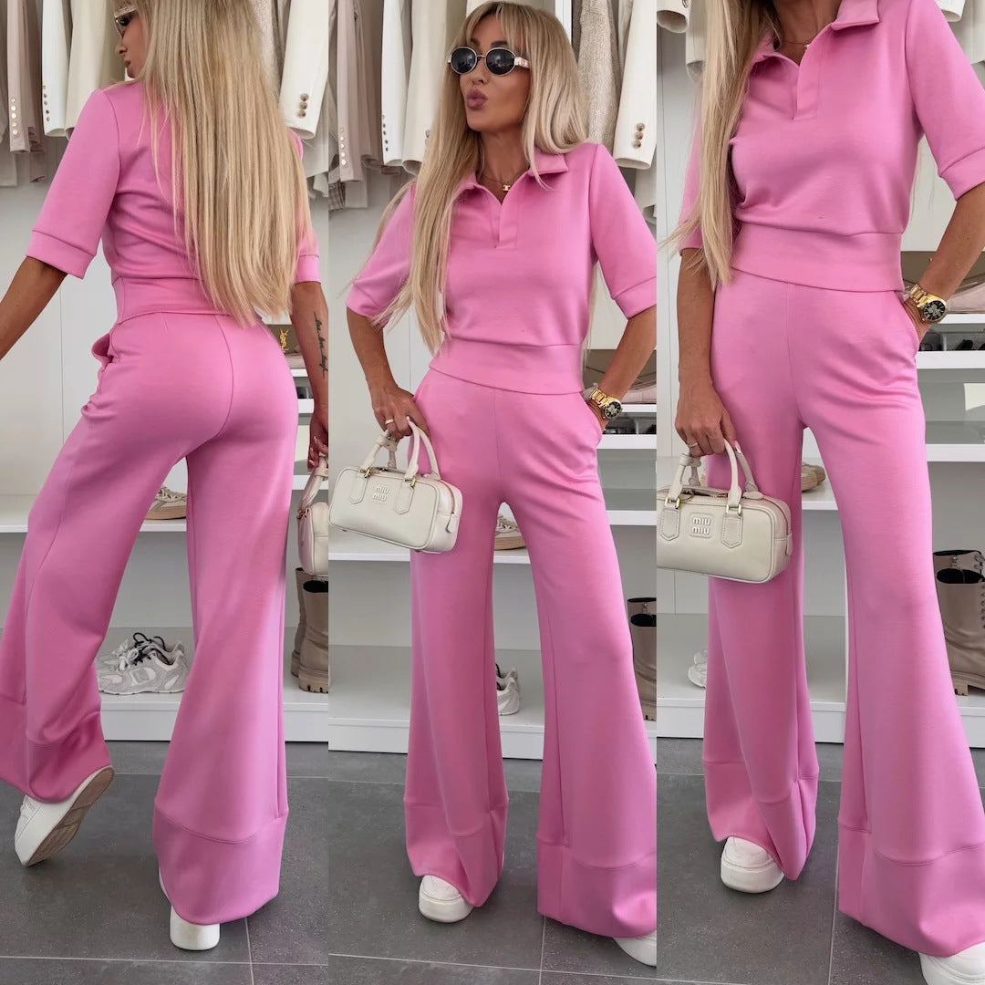 Damen figurnahes Cropped-Poloshirt und hochgeschnittene Wide‑Leg Hose Zweiteiler aus weichem Scuba-Jersey Eichborn Berlin