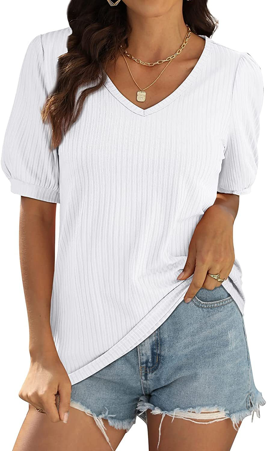 Damen Viskose-Bluse mit Rippenstruktur und Ballonärmel EB