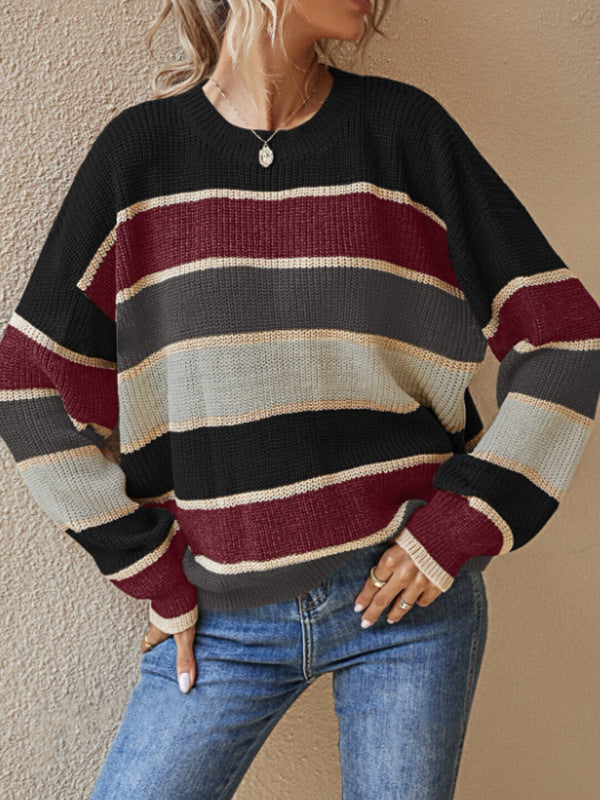 Damen lässiger Grobstrickpullover mit Farbblockmuster und weitem Schnitt EB