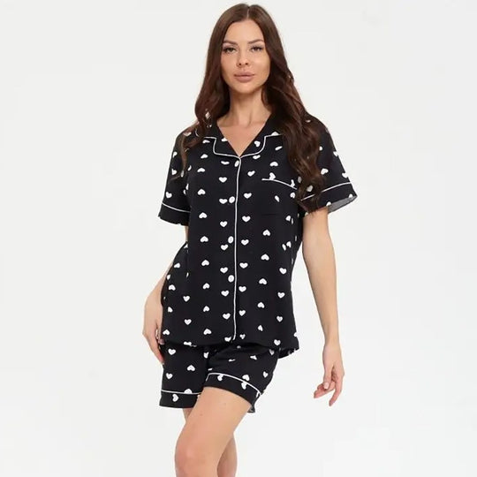 Damen Pyjama-Set mit Herzmotiv und bequemen Shorts EB