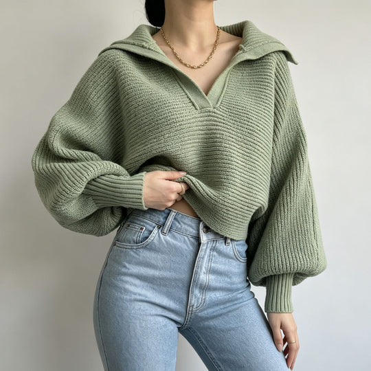 Damen Oversize-Strickpullover mit Matrosenkragen und tiefem V-Ausschnitt EB