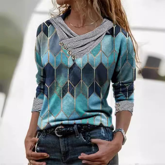 Damen modisches Langarmshirt mit V-Ausschnitt und dekorativen Knopfdetails EB