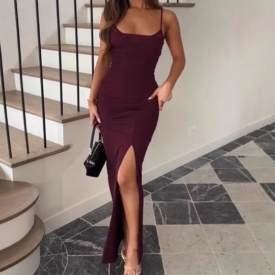 Damen Elegantes Maxikleid mit Spitzenelementen und schwingendem Schlitz EB
