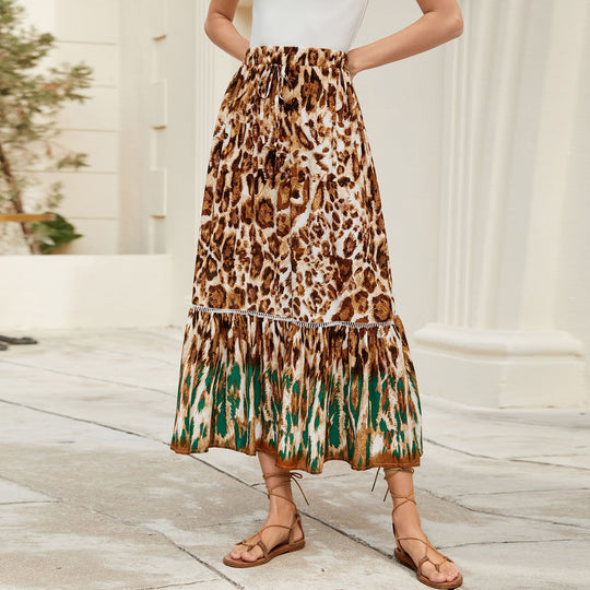 Damen Maxi-Rock mit animalischem Print und raffinierter Volant EB