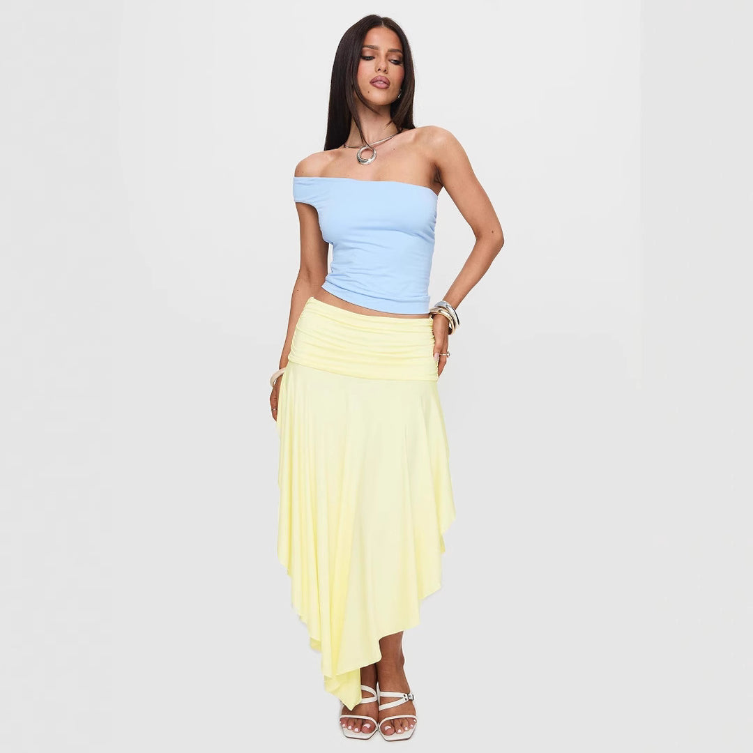 Damen asymmetrischer Maxi-Rock mit fließendem Stoff und elegantem Bund EB