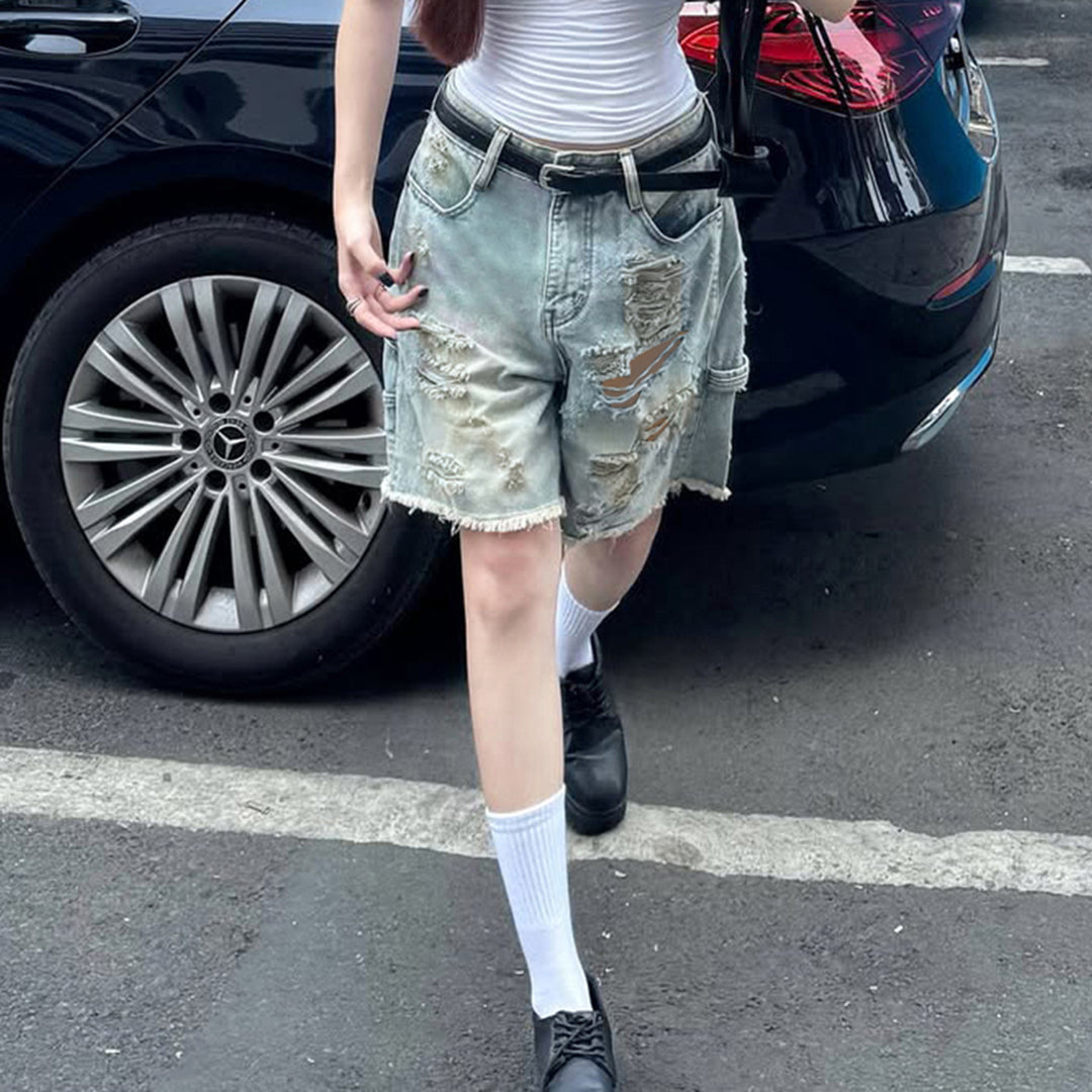 Damen Destroyed Denim-Shorts mit hohem Bund und ausgefransten Säumen EB