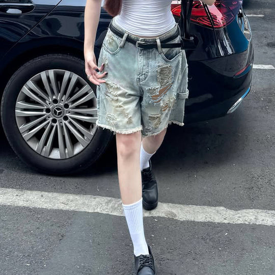 Damen Destroyed Denim-Shorts mit hohem Bund und ausgefransten Säumen EB