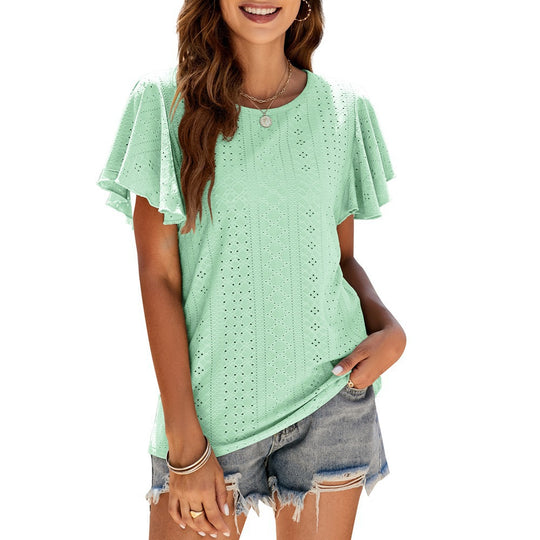 Damen T-Shirt mit eleganten Volantärmeln und durchbrochenem Design EB