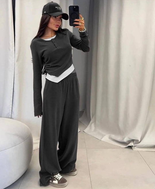 Damen Loungewear-Set aus weichem Modal mit Henley-Knopfleiste und weitem High‑Waist Loungehose EB