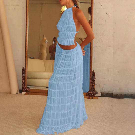 Damen luftiges Maxi-Kleid mit zarten Rüschendetails und verstellbarem Oberteil EB