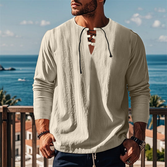 Herren modisches Langarmshirt mit Schnürung und V-Ausschnitt EB