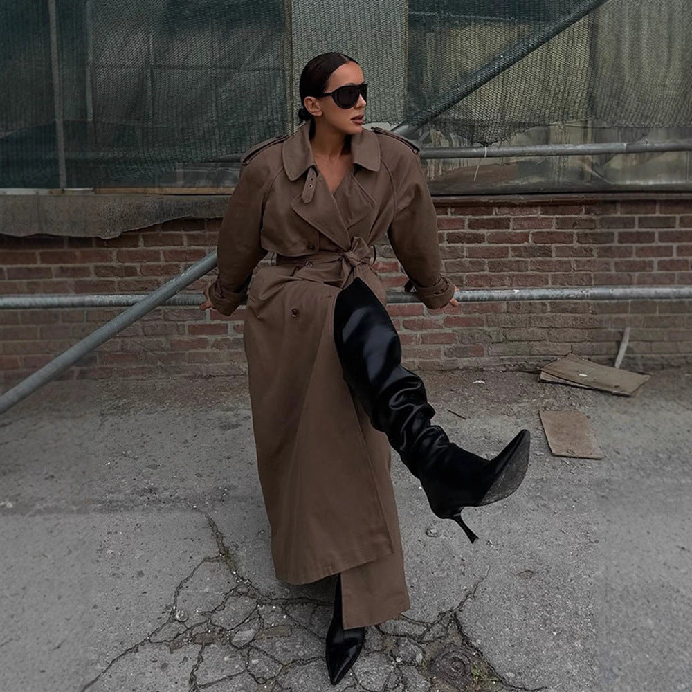 Damen eleganter Trenchcoat mit Taillengürtel und hochgeschlossenem Kragen EB