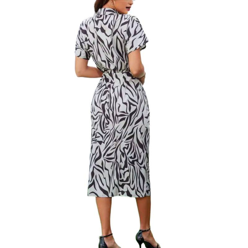 Damen Knotenkleid mit modischem Zebra-Print und schickem Hemdkragen EB