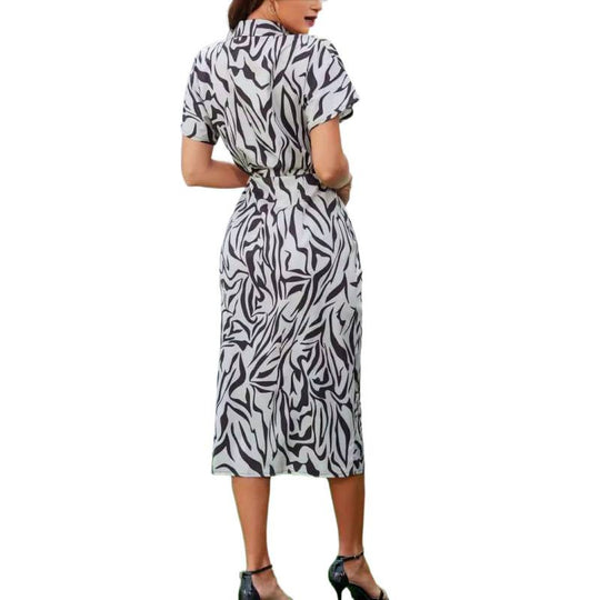 Damen Knotenkleid mit modischem Zebra-Print und schickem Hemdkragen EB