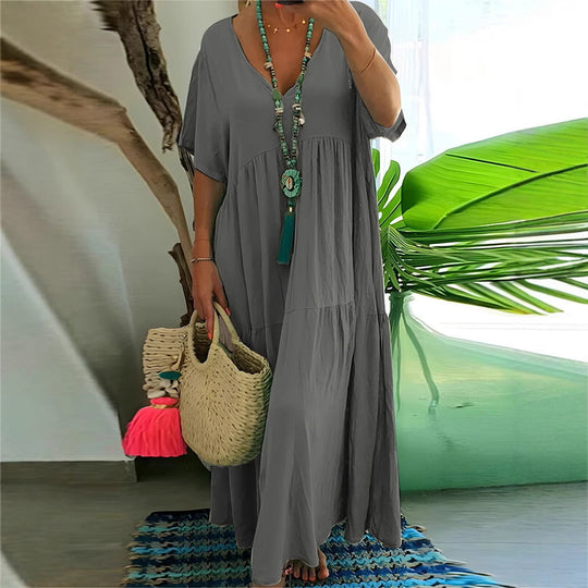 Damen luftiges Boho-Maxikleid mit schwingendem Saum und tiefem V-Ausschnitt EB