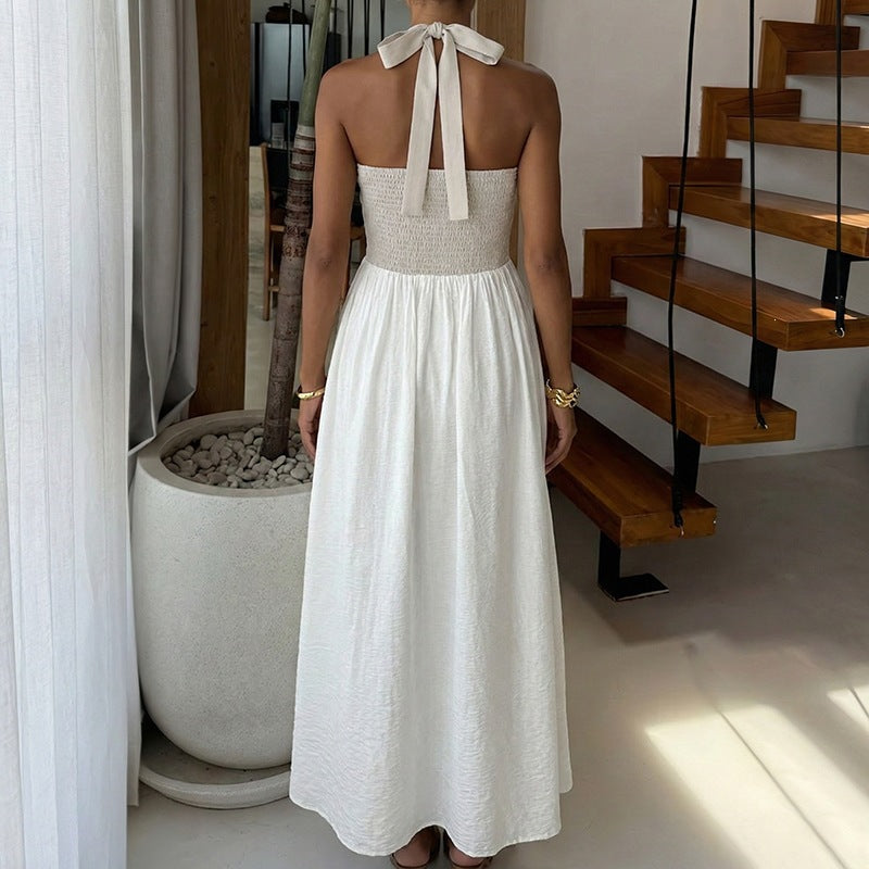 Damen Maxi-Kleid mit halterträger und eleganter Faltenoptik EB