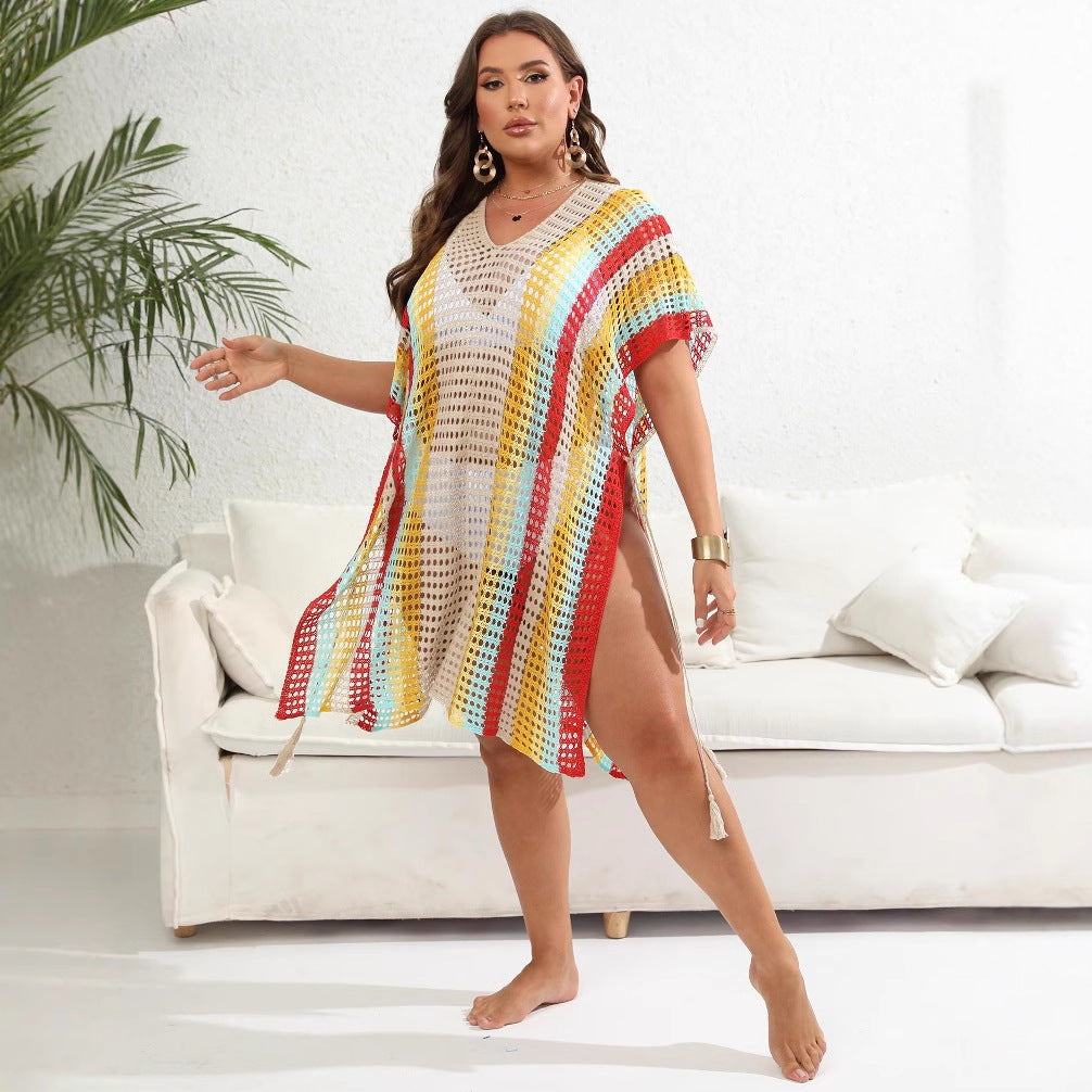 Damen luftiger Häkel-Strandponcho mit modischen Fransen EB