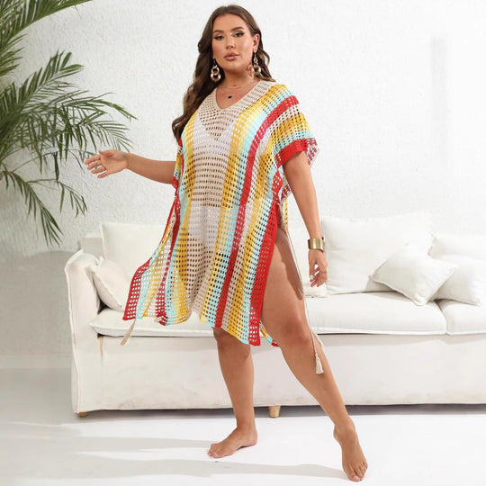 Damen luftiger Häkel-Strandponcho mit modischen Fransen EB