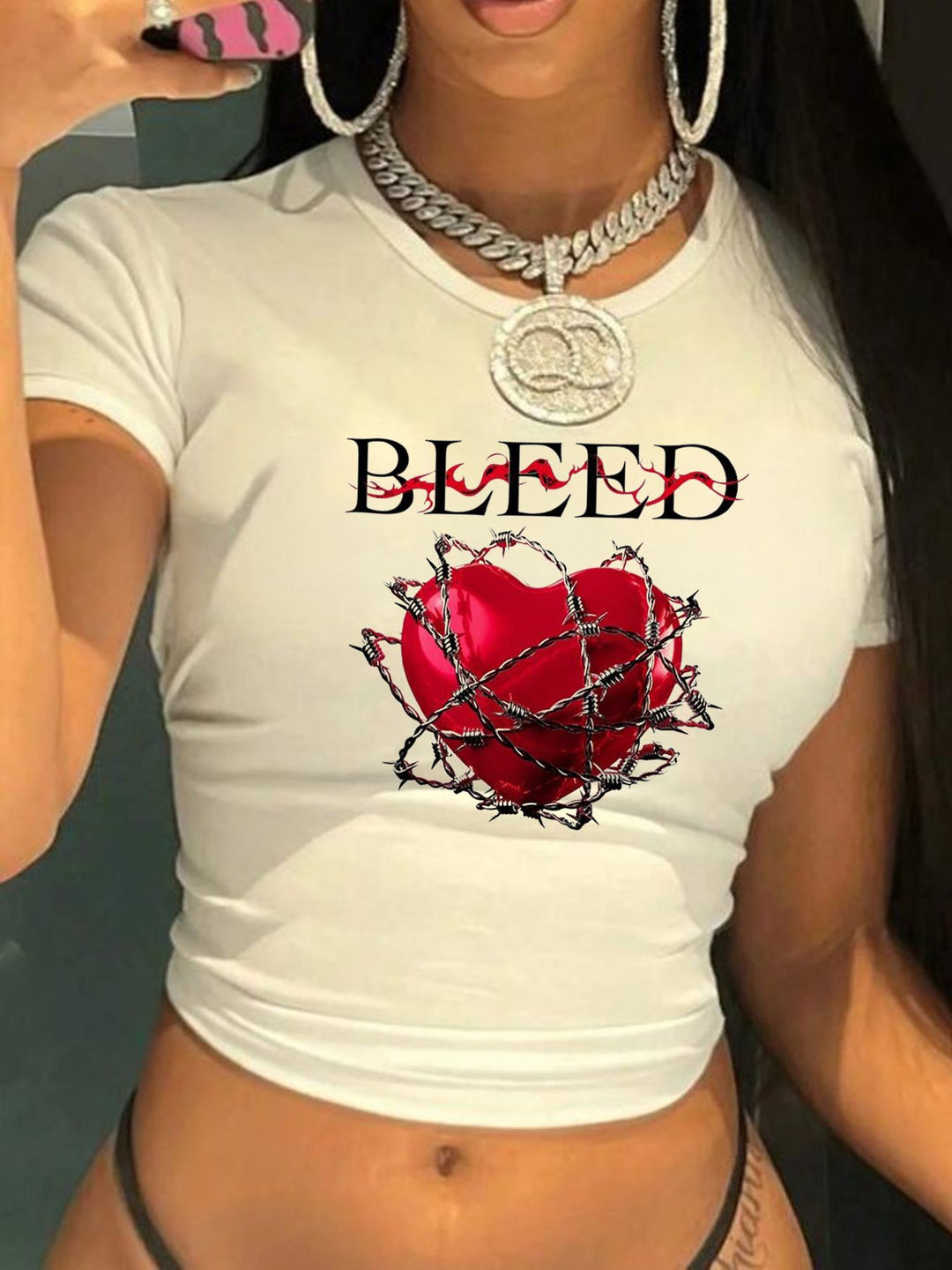 Damen Crop-T-Shirt mit kreativem Telefon-Design EB