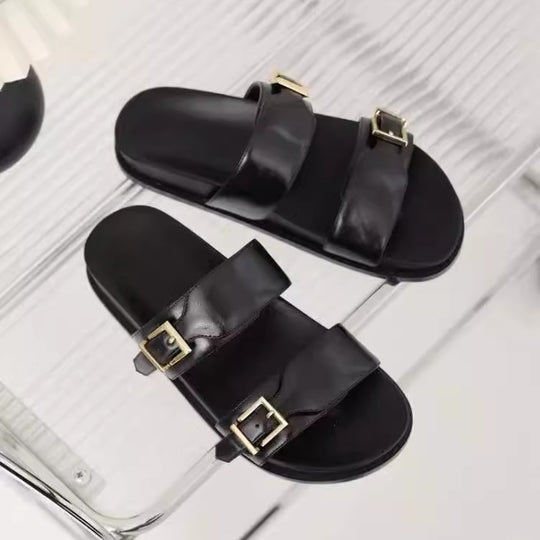 Damen modische Sandalen mit doppeltem Riemendesign und goldenen Schnallen EB