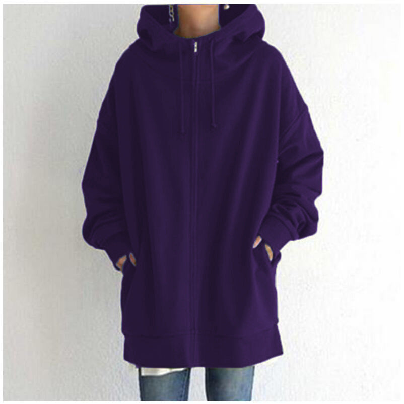 Damen nan oversized Kapuzenlongpullover mit Reißverschluss und Eingrifftaschen EB