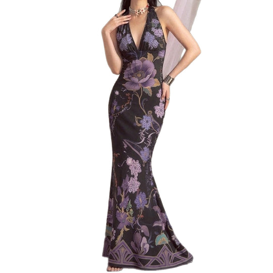 Damen Elegantes Maxikleid mit floralem Design und tiefem V-Ausschnitt EB