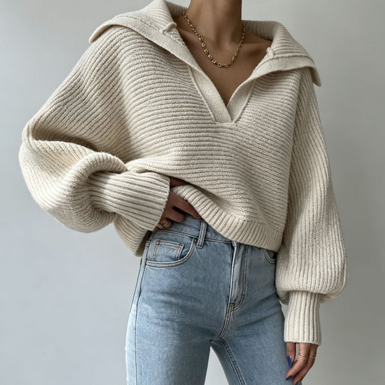 Damen Oversize-Strickpullover mit Matrosenkragen und tiefem V-Ausschnitt EB