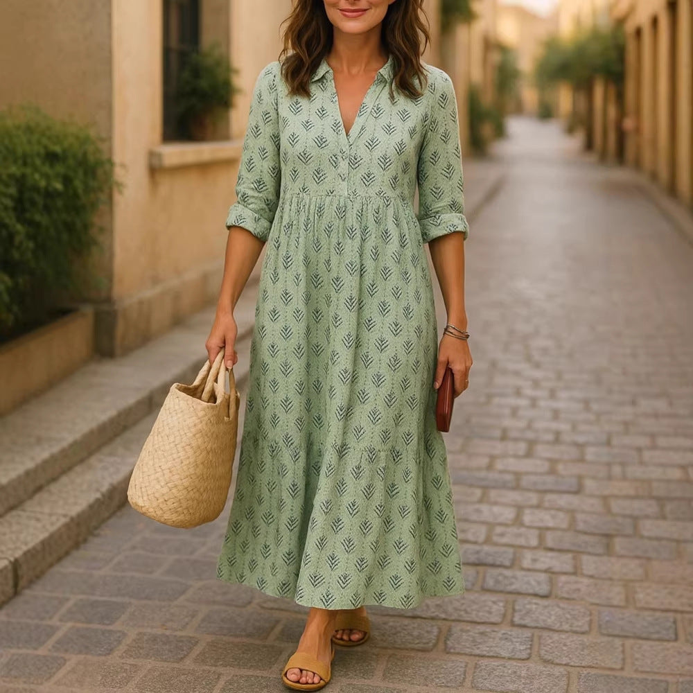 Damen Maxikleid mit elegantem Kragen und floralen Mustern EB