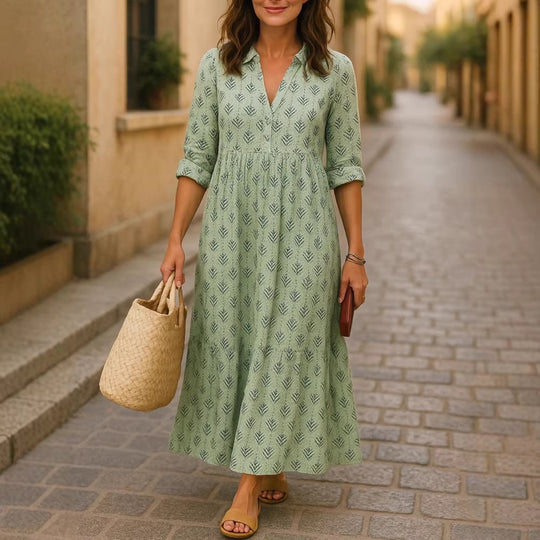 Damen Maxikleid mit elegantem Kragen und floralen Mustern EB