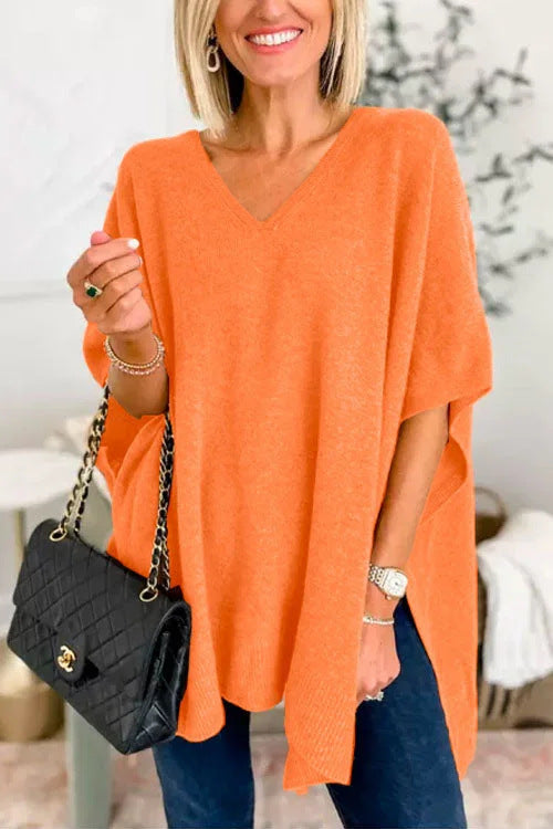 Damen V-Pullover aus feinem Strick mit weit geschnittenen Ärmeln und lässigem Stil EB