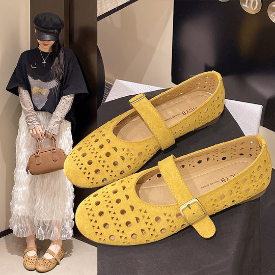 Damen Ballerinas mit romantischem Lochmuster und verstellbarem Riemen EB