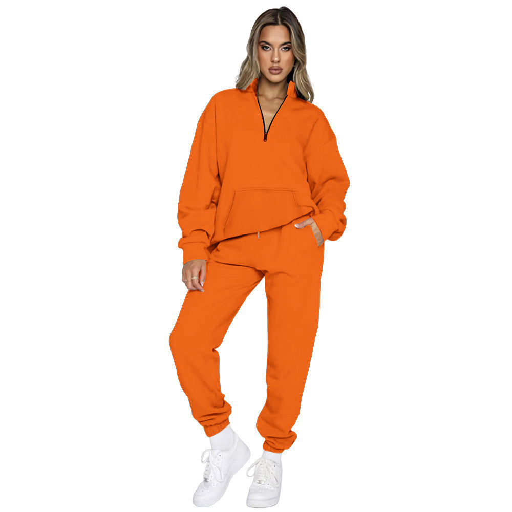Damen nan French‑Terry Relax‑Loungewear‑Set mit halbem Reißverschluss, Kängurutasche und taillierter, schmal zulaufender Jogginghose EB