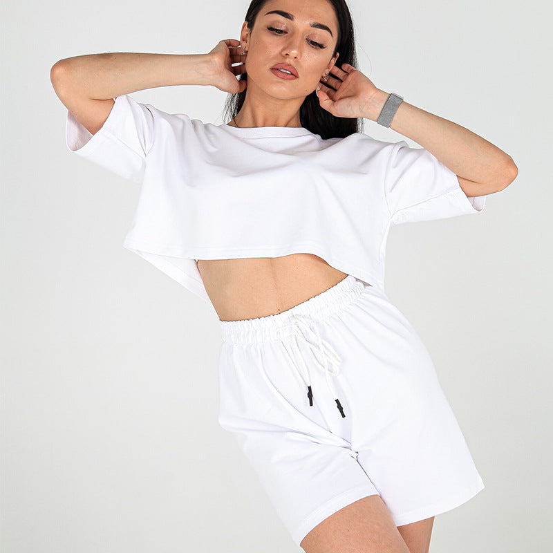 Damen Zweiteiliges Cropped-Lounge-Set aus Baumwolljersey mit elastischer Kordelzug-Shorts EB